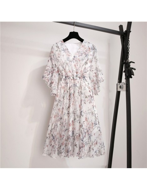 2019 New Summe Fashion Floral Print Chiffon Dress V-Neck Short Flare Sleeves Women Office Lady Slim Elegant Dress With Linin...