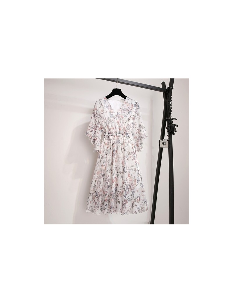 2019 New Summe Fashion Floral Print Chiffon Dress V-Neck Short Flare Sleeves Women Office Lady Slim Elegant Dress With Linin...
