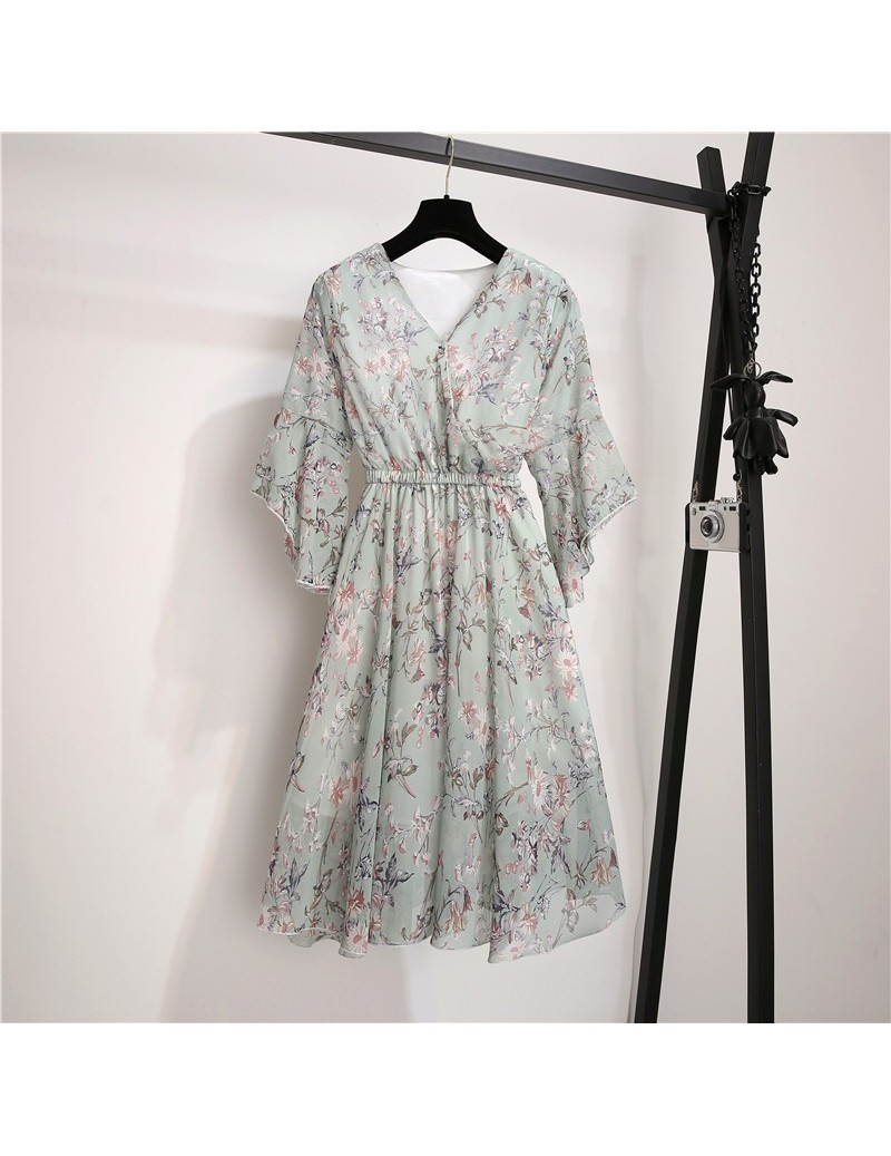 2019 New Summe Fashion Floral Print Chiffon Dress V-Neck Short Flare ...