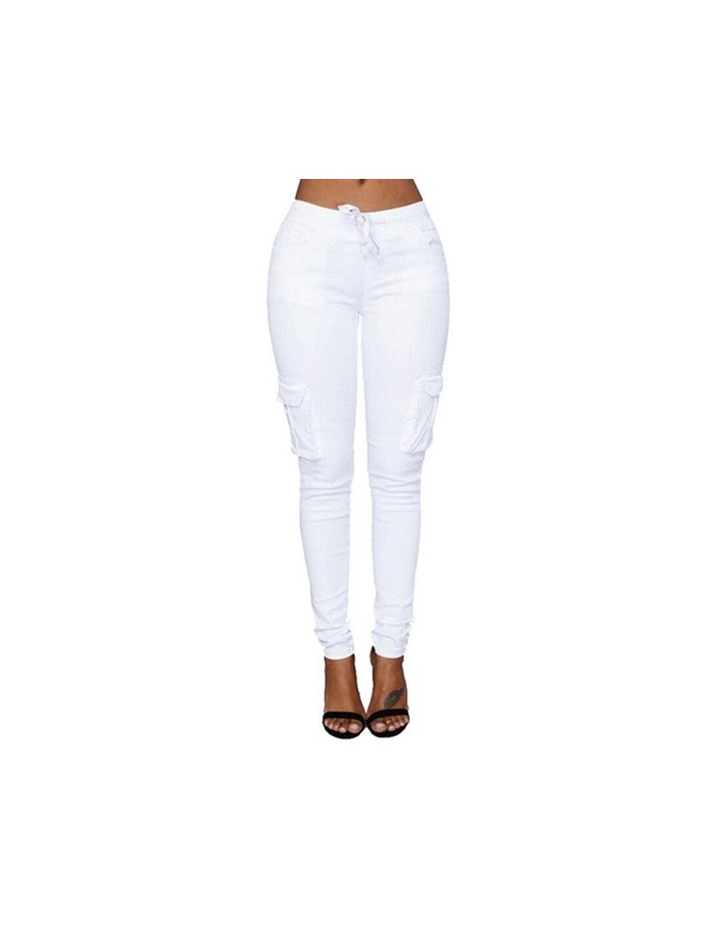 2019 Spring Lace Up Waist Casual Women Pants Solid Pencil Pants Multi-Pockets Plus Size Straight Slim Fit Trousers - White -...
