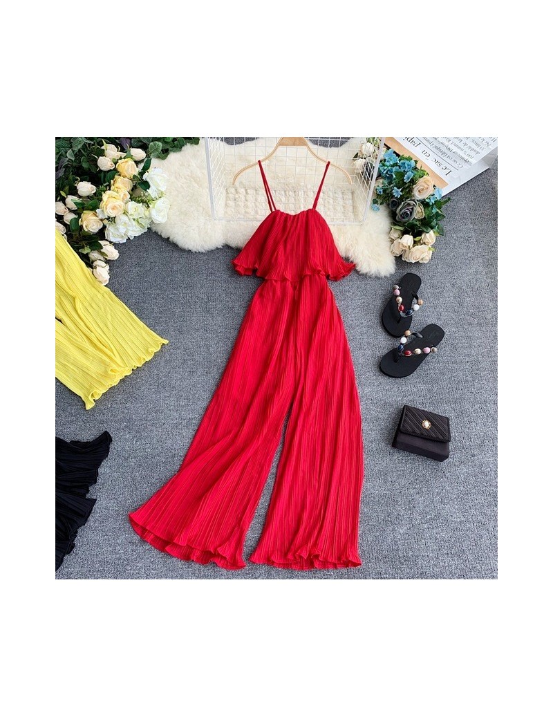 2019 Summer Beach Seashore Women's Sling Off-shoulder Jumpsuits Solid Pleated Ruffled Ladies Sexy Holidays Rompers - Red - 4...