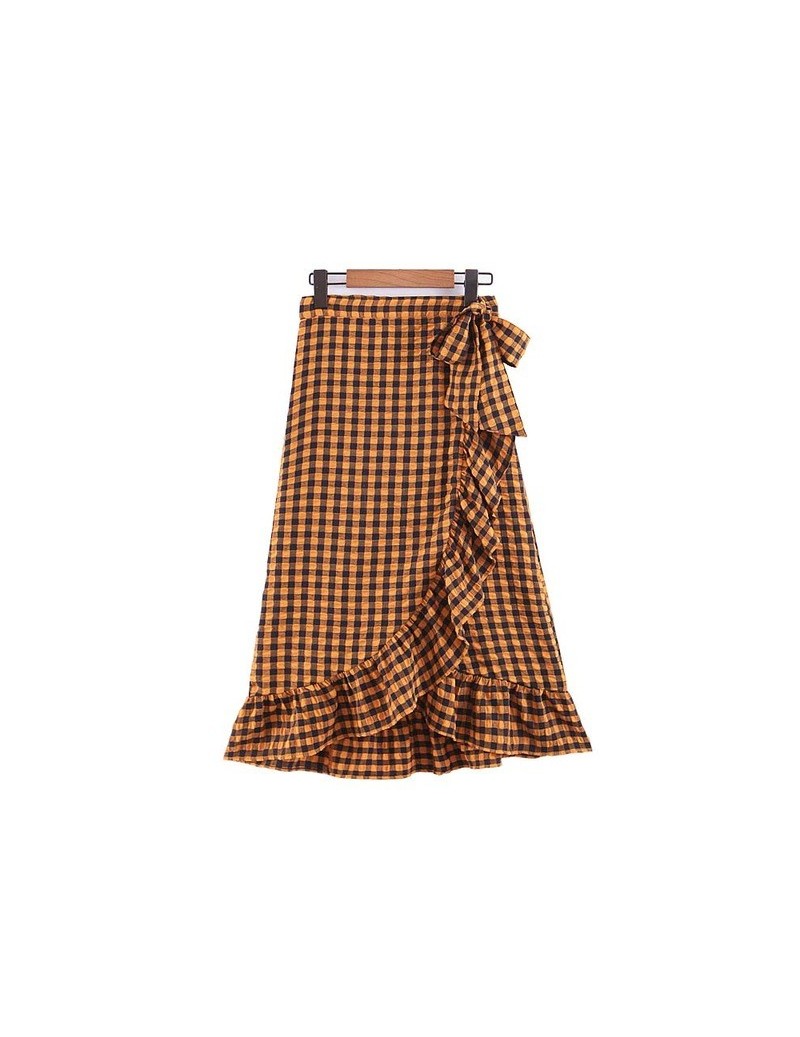 women elegant yellow plaid ruffled midi wrap skirt waist bow tie design female casual wear mid calf A line skirts BA565 - as...