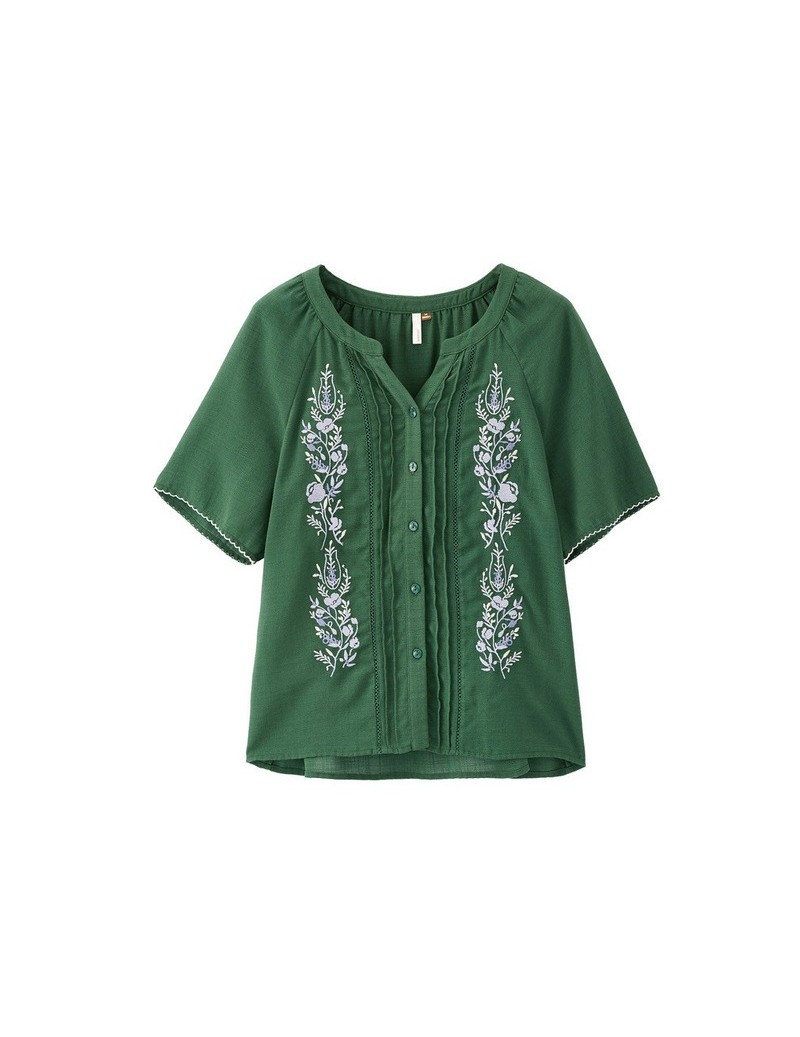 2019 Summer New Arrival O-neck Lace Half Sleeve Embroudery Literary Loose Casual Women Blouse - Green - 474119780124