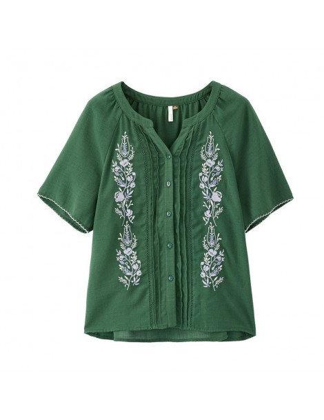 Blouses & Shirts 2019 Summer New Arrival O-neck Lace Half Sleeve Embroudery Literary Loose Casual Women Blouse - Green - 4741...