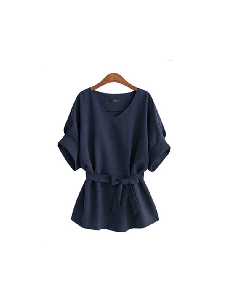 Blouses & Shirts Women Summer Women Shirts V-collar Cotton Linen Female Large Size Loose Waist Short-sleeved Batwing Sleeve S...