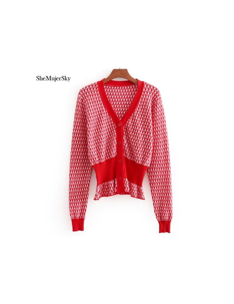 Red Sweater Cardigan Female Geometric Sweaters Elastic Waist Breasted sueteres mujer de moda 2018 - red sweaters - 433900753754