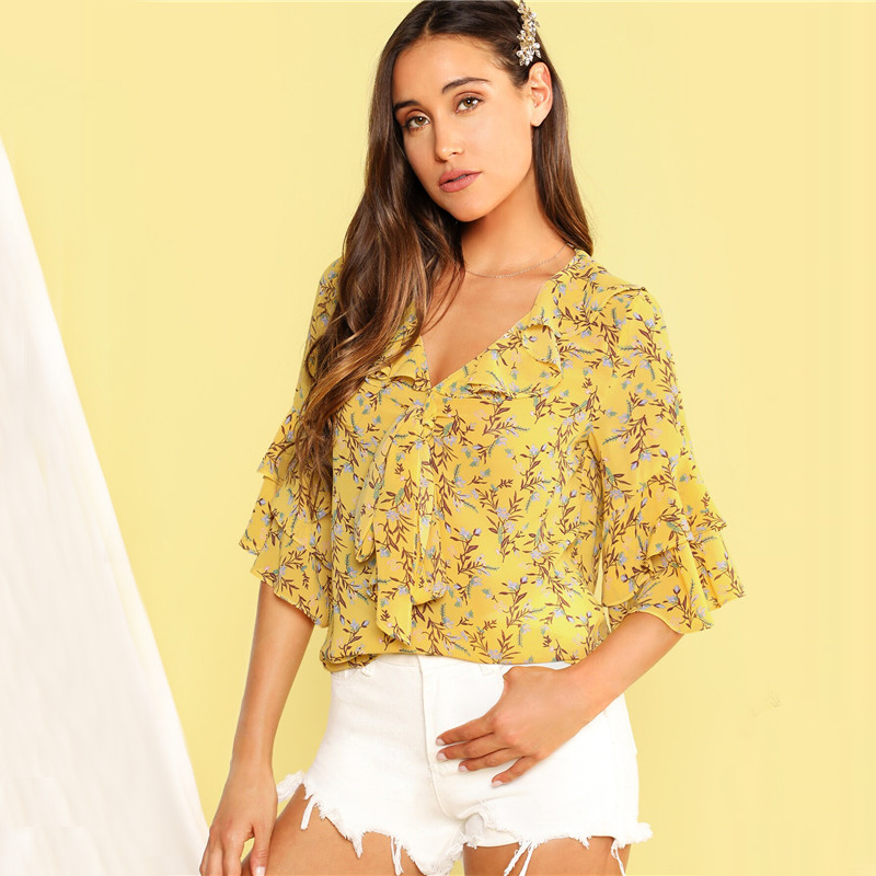 Yellow Ditsy Floral Tie Neck Layered Flounce Sleeve Summer Blouse Women ...