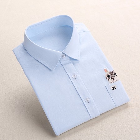 Print Cat Embroidery on Pocket Shirts Lady 2019 Spring New Fashion ...
