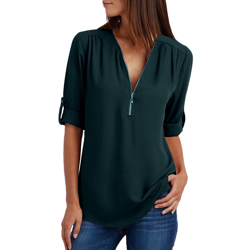 3XL 4XL 5XL Plus Size Womens Tops and Chiffon Blouses V-neck Roll Up ...