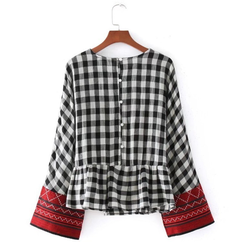 Embroidery Plaid Patchwork Women Shirts Blouses Long Sleeve Loose Tops ...