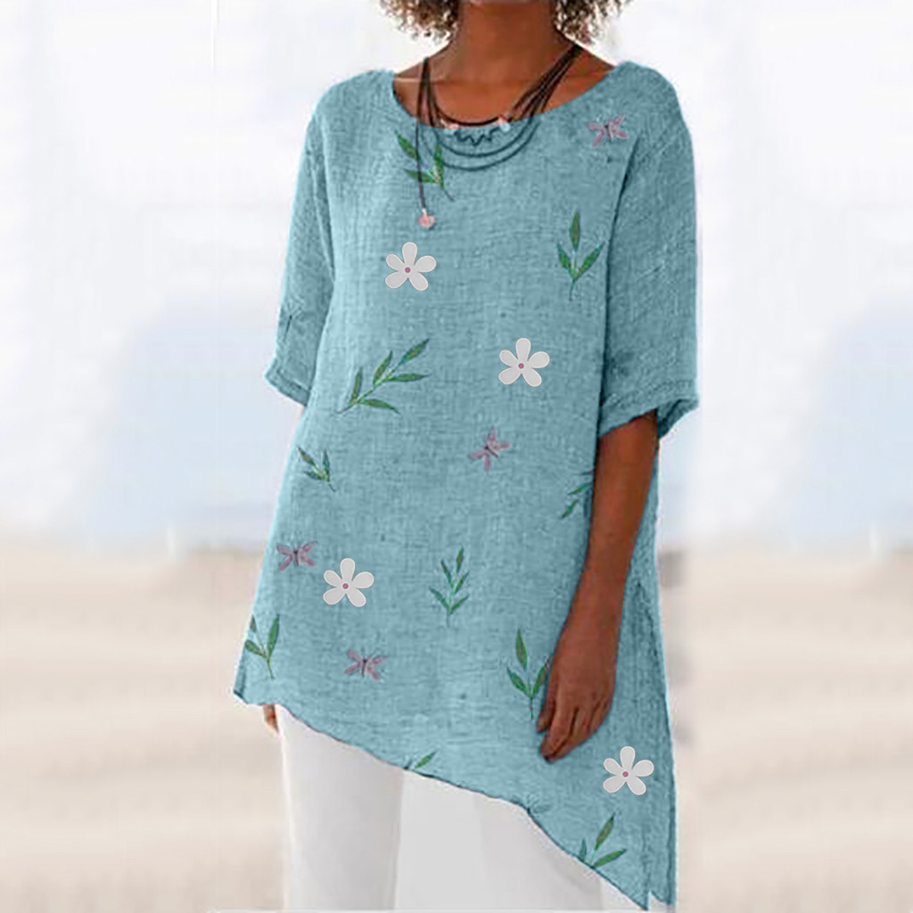 2019 fashion womens printed beach shirt top summer new womens solid ...