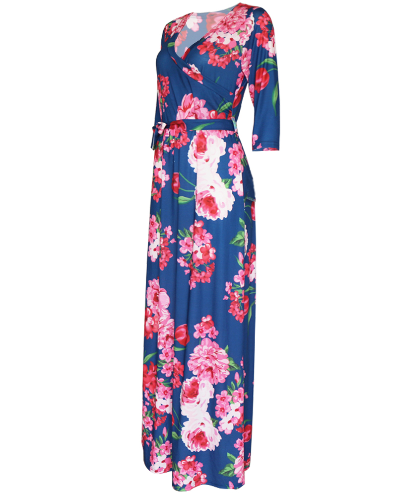 Women Maxi Long Dresses Summer Floral Print Beach Dress Elegant Bandage ...