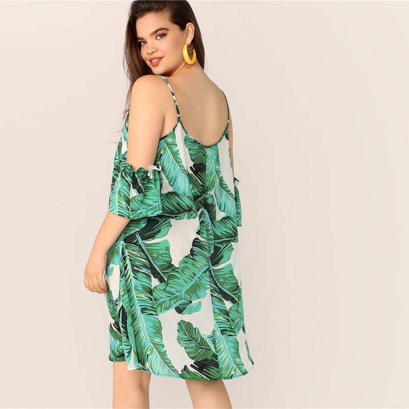 Plus Size Green Tropical Print Cold Shoulder Tunic Summer Dress Women ...