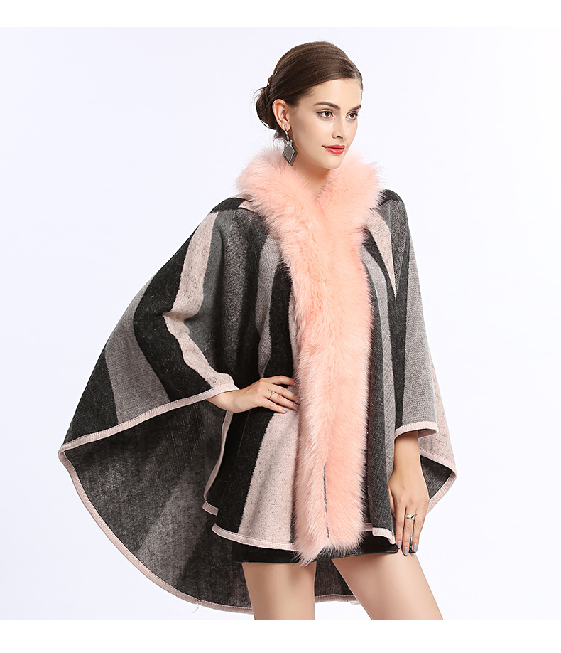 Faux Fox Fur Collar Hooded Cloak Coat Autumn Winter Fashion Knitted ...