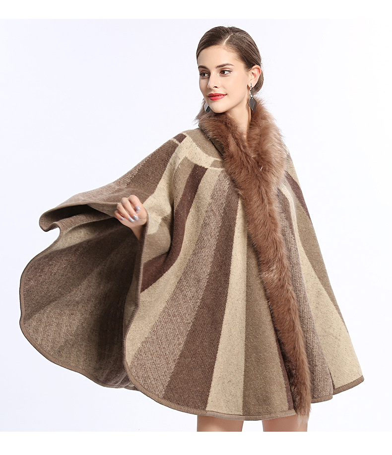 Faux Fox Fur Collar Hooded Cloak Coat Autumn Winter Fashion Knitted ...