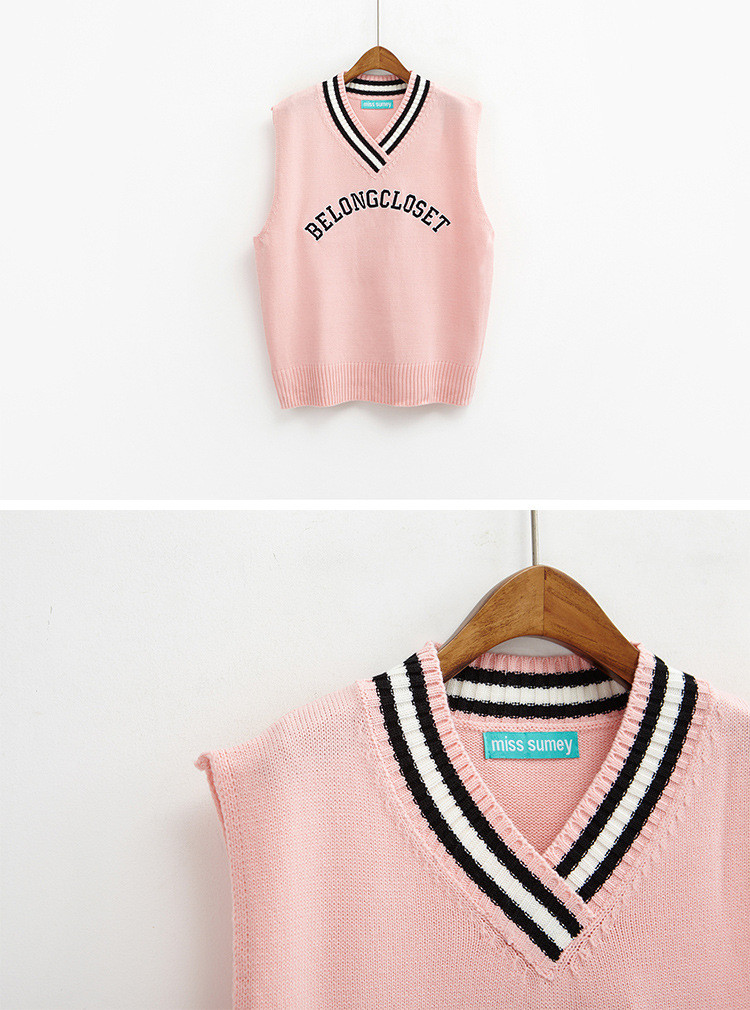 2018 Autumn Korean Preppy Letters Embroidery Striped V Neck Knitted ...