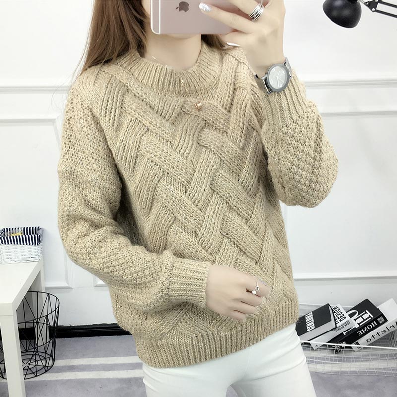 Korean pullover feminine coat 2019 autumn o-neck solid color knitted ...