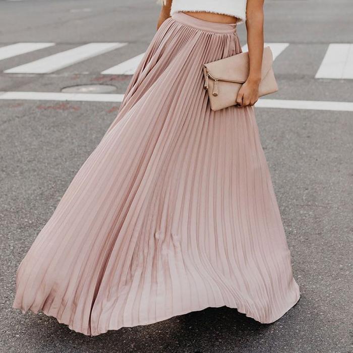 Women Pleated Skirts Solid Color Bohemian Slim Fit Female Long Skirts ...