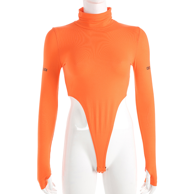Cotton High Waist Long Sleeve Bodysuit Women Turtleneck Bodysuit Orange ...