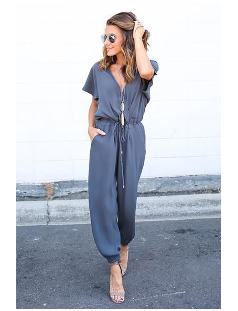 2018 Summer Sexy V Neck Pleated Waist Pocket Rompers Womens Jumpsuit ...