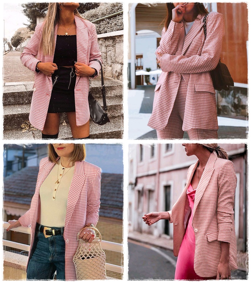 Casual Autumn Winter plaid pink blazer coats women Elegant long sleeve ...